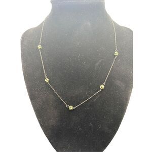 1928 Signed Gunmetal Colored Dainty Necklace With green Rhinestone Stations